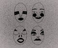 surreal weird heads with different facial expressions and emotions on a gray background in noise. unusual abstract portrait
