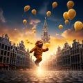 Surreal and Whimsical Brussels: Floating Chocolate-Filled Balloons and Living Manneken Pis Royalty Free Stock Photo