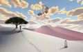 Surreal white desert with figure in cloak