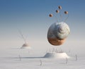 Surreal winter artistic image of a snail and walnut Royalty Free Stock Photo