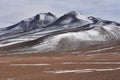 Surreal winter landscapes and snow capped mountain scenery in the SIloli Desert, Sud Lipez province, Bolivia