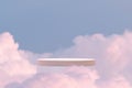 Surreal wood podium outdoor on blue sky gold pastel clouds with empty space.Beauty cosmetic product placement pedestal present