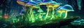 Surreal World of Fluorescent Magical Mushrooms in Neon Green Forest. Creative banner
