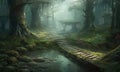 Surreal world of a mysterious forest with stone paths