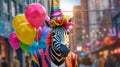 A surreal zebra in a striped jacket and a rainbow hat with balloons walks around the city on birthday Royalty Free Stock Photo