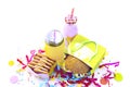Surrealism Banner Festive composition drinks snacks holiday hamburger cookie tinsel confetti gift box cocktail saturated colors.