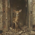 Surrealism decrepit high rise broken elevator doors a curious baby deer amidst rubble ai generated Royalty Free Stock Photo