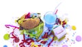 Surrealism Festive composition drinks snacks holiday hamburger cookie tinsel confetti gift box cocktail saturated colors.