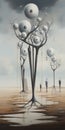 Surrealism On Gray: A Captivating Tempera Illustration