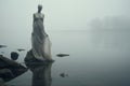 Surrealism and mysticism invisible figure in the fog on the lake shore Royalty Free Stock Photo