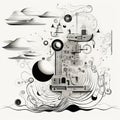 Surrealism Vector: Black And White Ship Drawing With Mechanized Abstraction