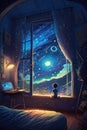 Surrealist anime illustrated starry night painting transforming into reality cinematic shots