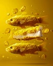 Surrealist Concept of Three Golden Fish Floating with Coins on a Bright Yellow Background