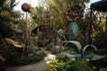 surrealist garden with abstract flora, fauna, and structures of natural and unnatural elements