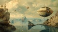 Surrealist Landscape with Floating Objects in Atmosphere