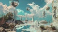 Surrealist Landscape with Floating Objects in the Sky