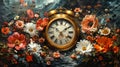 Surrealist painting of melting clock surrounded by spring flowers for change to daylight savings on Palm Sunday.