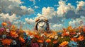 Surrealist painting of melting clock surrounded by spring flowers for change to daylight savings on Palm Sunday.