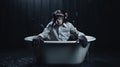 Surrealist Photography: Chimp In A Big Tub With Long Sleeve Shirt Royalty Free Stock Photo