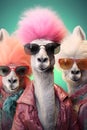 Surrealist photorealistic closeup portrait of three llamas