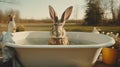 Surrealist Rabbit In Anamorphic Lens Bathtub: A Prairiecore Advertisement