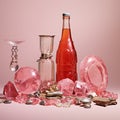 Surrealist still life with pink expensive objects