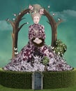 Surrealistic aristocracy class woman on green sky backdrop Royalty Free Stock Photo