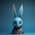 Surrealistic Blue Rabbit Figurine With Feathers - 3d Rendering