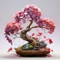 Surrealistic Bonsai Tree With Pink Flowers: A Delicate Sculpture Inspired By Vray And Doug Chiang