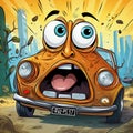 Surrealistic Cartoon Car In City With Angry Expression