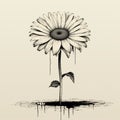 Black And White Ink Illustration Of A Surreal Daisy In A Pot