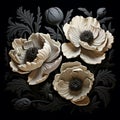 Surrealistic Ceramic Sculpture: Three White Flowers On Black Background