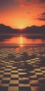 Surrealistic Checkerboards: Captivating Beach Sunset With Geometric Patterns