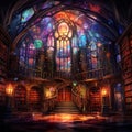 Surrealistic digital painting of a magnificent library hall