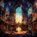 Surrealistic digital painting of a magnificent library hall