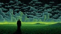 Surrealistic Dreamscape: Man Standing In Ominous Landscape With Umbrella
