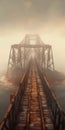 Surrealistic Dystopian Railway Bridge On Foggy Beach
