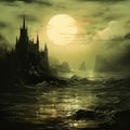 Dark Amber Fantasy Castle With Full Moon On Water Royalty Free Stock Photo