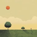 Cheerful Minimalist Illustration Of Trees And A Man Walking In The Hills