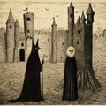 Surrealistic Figurative Illustrations Of Two Monsters And A Castle