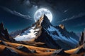 Surrealistic Full Moon Cresting Over a Jagged Mountain Peak - Countless Stars Speckling the Expansive Night Sky Royalty Free Stock Photo