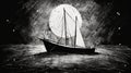 Surrealistic Horror: Black And White Sketch Of Moonlit Sail Boat