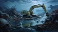 Surrealistic Horror: Excavator Near Stream In Evocative Environmental Portrait
