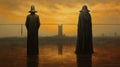 Surrealistic Horror Painting: Two Black Clad Men On A Rope At Sunset