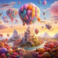 Surrealistic Illustration of Candy-Filled World with Birthday Cakes and Anniversary Gifts