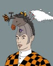 Surrealistic illustration of an extravagantly dressed man with a horse on his head