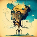 Surrealistic image with abstract head in Salvador Dali style. AI generated illustration