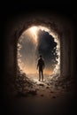 Surrealistic image of man standing at the end of tunnel looking at starry sky in other planet. Salvation in the universe.