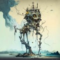 Surrealistic image with monster city in Salvador Dali style. AI generated illustration