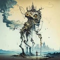 Surrealistic image with monster city in Salvador Dali style. AI generated illustration